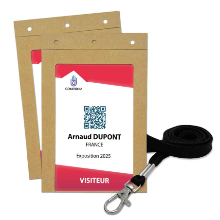 Porte badge tour de cou cartonné format A6 - cordon noir attache fermoir - lot de 100 (photo pack)