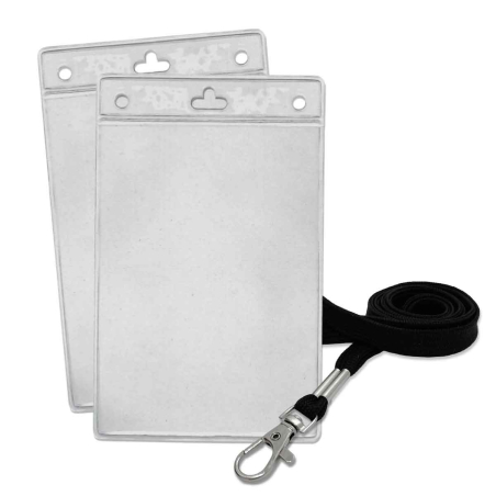 Porte badge tour de cou PVC format A6 - cordon noir attache fermoir - lot de 100 (photo pack)